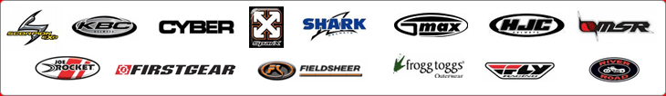 We offer great products by Scorpion, KBC, Cyber, Sparx, Shark, GMAX, HJC, MSR, Joe Rocket, Firstgear, Fieldsheer, Frogg Toggs, River Road, and Fly Racing.