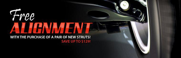 Get a free alignment with the purchase and installation of a pair of new struts. Save up to $129.