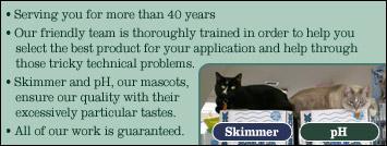 Serving you for more than 40 years. Our team is the highest trained and most technologically advanced in the area—more than all other dealers combined. Skimmer and pH, our mascots (cats), ensure our quality with their excessively particular tastes. All of our work is guaranteed.