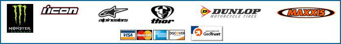 We carry Monster, Icon, Alpinestars, Thor, Dunlop, and Maxxis. We accept Visa, MasterCard, American Express, and Discover.