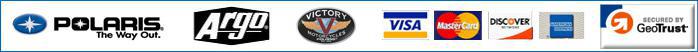 We accept Visa, MasterCard, Discover, and American Express. We carry following brands: Polaris, Argo, and Victory.