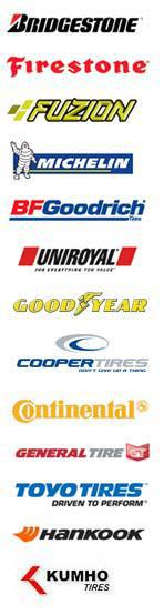 We carry the following brands: Bridgestone, Firestone, Fuzion, Michelin, BFGoodrich, Uniroyal, Goodyear, Cooper Tires, Continental, General Tire, Toyo Tires, Hankook, and Kumho.