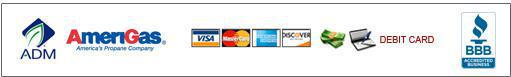 We carry Archer Daniels Midland and AmeriGas products. We accept Visa, MasterCard, American Express, Discover, cash, checks, and debit cards. We are accredited by the Better Business Bureau.