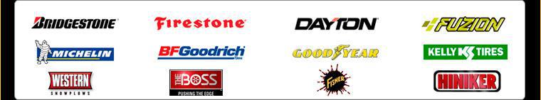 We carry products from Bridgestone, Firestone, Dayton, Fuzion, Michelin, BFGoodrich, Goodyear, Kelly, Western plows, Boss plows, Fisher, and Hiniker.