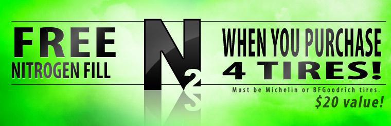 Get a free nitrogen fill when you purchase four Michelin or BFGoodrich tires.