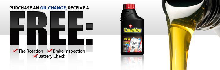 With the purchase of an oil change, receive a free tire rotation, brake inspection, and battery check.