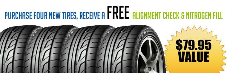 Receive a free alignment check and nitrogen fill with the purchase of four new tires.