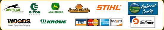 We carry Arctic Cat, E-TON, Land Pride, STIHL, Amherst County, Woods, and Krone. We accept Visa, MasterCard, American Express, and Discover.
