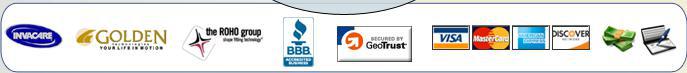 We carry Invacare, Goldent Technologies, and the ROHO group products. We are certified by BBB. Our site is secured by GeoTrust. We accept Visa, MasterCard, American Express, Discover, cash, and checks.