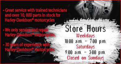 Great service with trained technicians and over 100,000 parts in stock for Harley-Davidson® motorcycles. We only service and repair Harley-Davidson® motorcycle. 30 years of experience with Harley-Davidson® motorcycles.