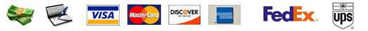 We accept cash, checks, Visa, MasterCard, Discover, and American Express. We use FedEx and UPS.