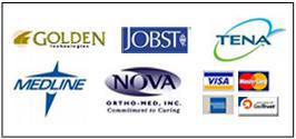 We provide products from Golden, Jobst, Tena, Medline, and Nova. We accept Visa, MasterCard, and American Express.