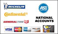 We carry Michelin, Continental, and General Tire. We are ASE certified. We accept national accounts. We accept Visa, MasterCard, Discover, American Express, and ACCC Preferred Customer Card.