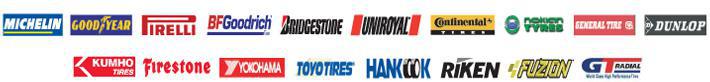 We carry Michelin, Goodyear, Pirelli, BFGoodrich, Bridgestone, Uniroyal, Continental, Nokian Tyres, General Tire, Dunlop, Kumho, Firestone, Yokohama, Toyo, Hankook, Riken, Fuzion, and GT Radials.