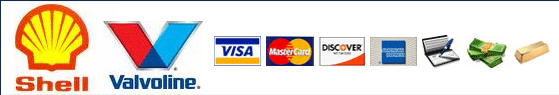 We carry Shell and Valvoline. We accept Visa, MasterCard, Discover Card, American Express, checks, cash, and gold bars.