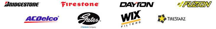 Brands we carry include Bridgestone, Firstone, Dayton, Fuzion, ACDelco, Gates, Wix Filters, and TireStarz.