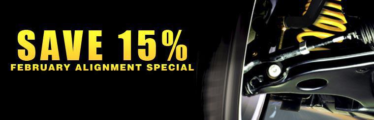 Take 15% off a passenger car or light truck alignment with our February alignment special.