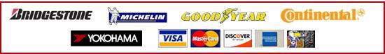 We carry Bridgestone, Michelin, Goodyear, Continental, and Yokohama. We accept Visa, MasterCard, Discover, American Express, and ACCC Card.