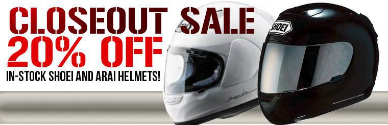 Take 20% off in-stock Shoei and Arai helmets. Click here to browse online.