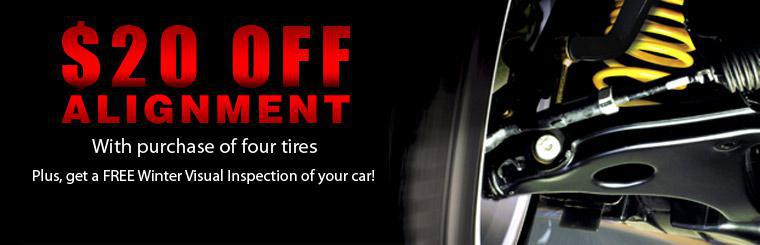 Purchase four tires and get $20 off an alignment and a free Winter Visual Inspection of your car.