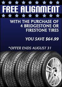 Free alignment with the purchase of 4 Bridgestone or Firestone tires. You save $64.99. Offer ends August 31st.