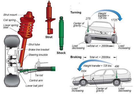 Detailed images of how struts and shocks work on a car.