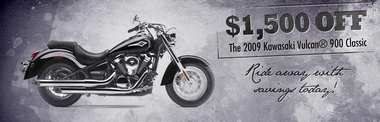 Get $1,500 off the 2009 Kawasaki Vulcan® 900 Classic! Click here for more information.