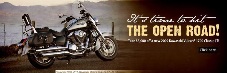 Take $3,000 off a new 2009 Kawasaki Vulcan® 1700 Classic LT! Click here for more information.