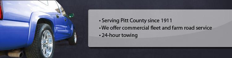 Serving Pitt County since 1911. We offer commercial fleet and farm road service. 24-Hour towing.