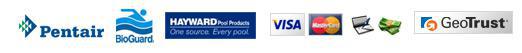 We carry Pentair, BioGuard and Hayward products. We accept Visa, MasterCard, cash, and checks.