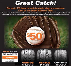 Get up to $50 back via mail-in rebate when you purchase a set of four select Hankook tires.