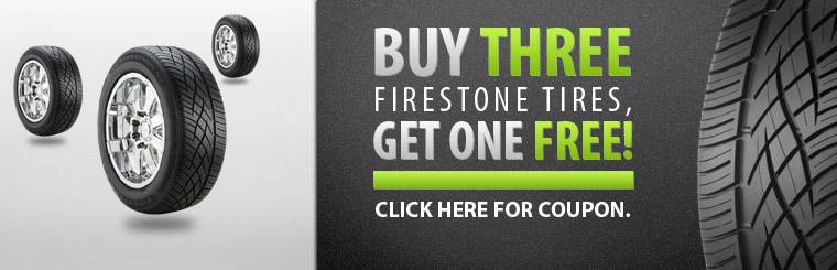 Buy three Firestone tires, get one free! Click here for coupon.