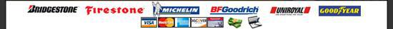 Bridgestone, Firestone, Michelin, BFGoodrich, Uniroyal, Goodyear; Visa, MasterCard, American Express, Discover, Firestone Card, cash, & checks