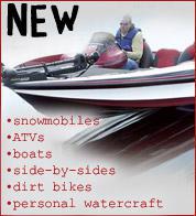 New snowmobiles, ATVs, boats, side-by-sides, dirt bikes, and personal watercraft.