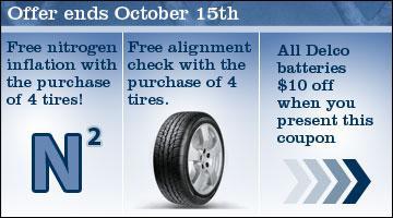 $20 off a fuel/air induction service. Increase fuel usage! Save $10 now on a tire rotation and balance! All Delco batteries are $10 off when you present this coupon.