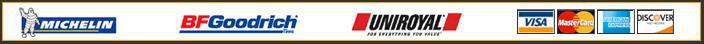 We carry Michelin, BFGoodrich, and Uniroyal products. We accept Visa, MasterCard, American Express, and Discover cards.