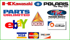 We carry Kawasaki, Polaris, Parts Unlimited, Tucker Rocky, and RG3. We accept Visa, MasterCard, and Discover.