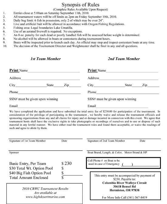 Walleye Tournament Entry Form