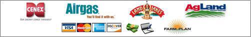 We carry Cenex, Airgas, Land O Lakes, and AgLand products. We accept Visa, MasterCard, American Express, Discover, cash, checks, and Farm Plan.