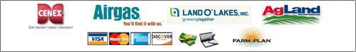 We carry Cenex, Airgas, Land O Lakes, and AgLand products. We accept Visa, MasterCard, American Express, Discover, cash, checks, and Farm Plan.