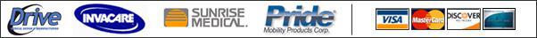 Brands we carry: Drive, Invacare, Sunrise Medical, and Pride Mobility Products Corp. We accept the following payment methods: Visa, MasterCard, Discover, and American Express.