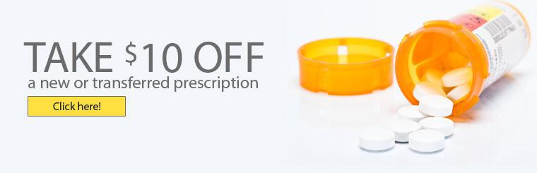 Take $10 off a new or transferred prescription. Click here for coupon.