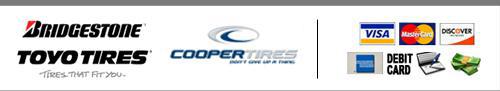 We carry Bridgestone, Toyo Tires, and Cooper products. We accept Visa, MasterCard, Discover, American Express, Debit Cards, checks, and cash.