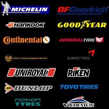 Michelin, BFGoodrich, Hankook, Goodyear, Continental, General Tire, Vogue, Kumho, UniRoyal, Riken, Dunlop, Toyo, Nokian, and Vredestein. 