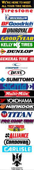 Bridgestone, Firestone, Michelin, BFGoodrich, Uniroyal, Goodyear, Kelly Tires, Dunlop, General Tire, Cooper Tires, Dean, Sumitomo, Sigma, Multi-Mile, Yokohama, Hankook, Titan, Pro Comp Tires, Mickey Thompson, Alliance, Cordovan, Carlisle, STG