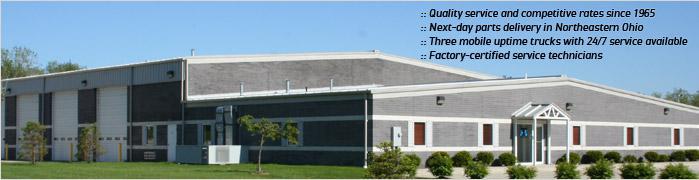 Quality service and competitive rates since 1965. Next-day parts delivery in Northeastern Ohio. Three mobile uptime trucks with 24/7 service available. Factory certified service technicians.