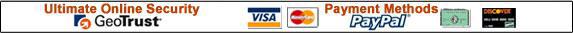 Ultimate online security by GeoTrust. We accept Visa, MasterCard, PayPal, American Express, and Discover.
