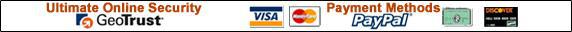 Ultimate online security by GeoTrust. We accept Visa, MasterCard, PayPal, American Express, and Discover.