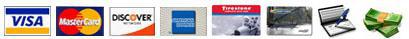 We accept Visa, MasterCard, Discover, American Express, Firestone Card, Car Care Card, checks, and cash.