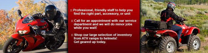Garrett Honda Motorsports has a professional, friendly staff to help you find the right part, accessory, or unit. Call for an appointment with our service department and we will do minor jobs while you wait! Shop our large selection of inventory from ATV ramps to helmets! Get geared up today.